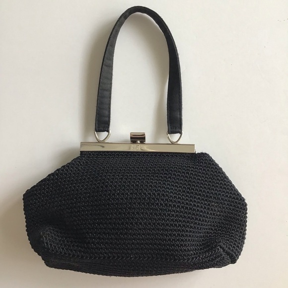 Black SAK Purse Mini Evening Hand Bag Knit Lined Snap Close Cocktail Party Retro - Picture 1 of 16